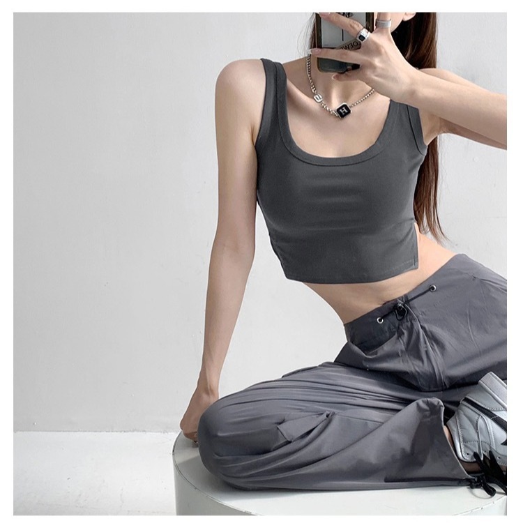 Chica caliente con almohadilla en el pecho belleza espalda chaleco camisola Top nuevo cuello cuadrado de algodón puro sin mangas anti-exposición deportes se pueden usar fuera