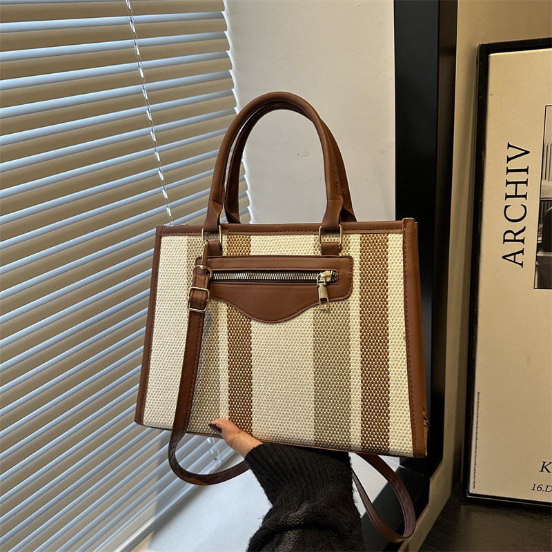 时尚条纹2025新款潮流撞色大容量托特女单肩手拎斜挎通勤大包包女