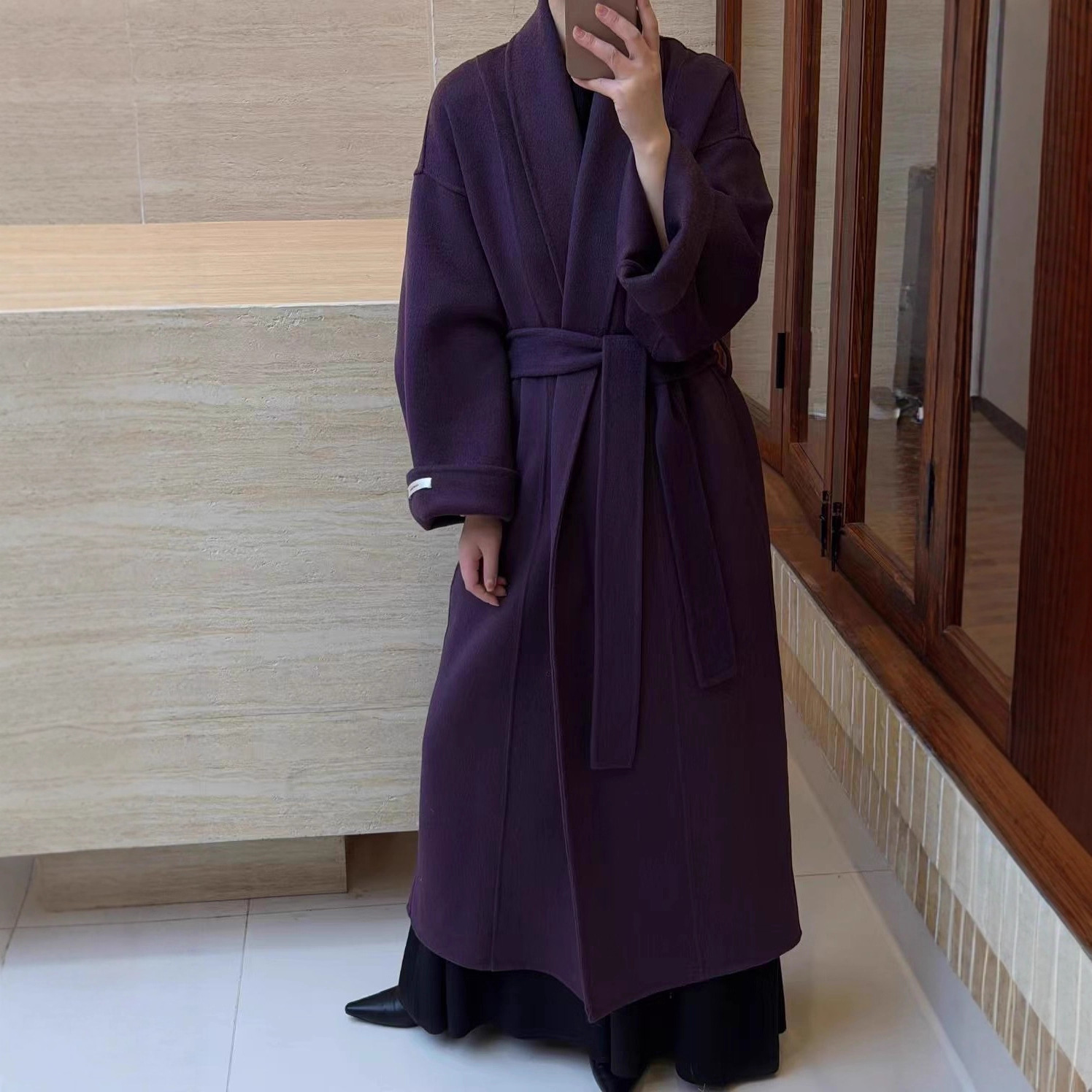 Purple Bathrobe Style Double-Sided Wool Outwear for Women, Long Lace-Up Waist, Korean Style High-End Woolen Outwear for Women