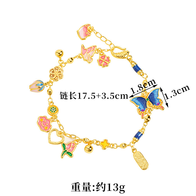 Nuevo estilo chino antiguo pulsera de oro estilo palacio colorido pulsera de mariposa azul para mujeres no se desvanecen joyas de mano