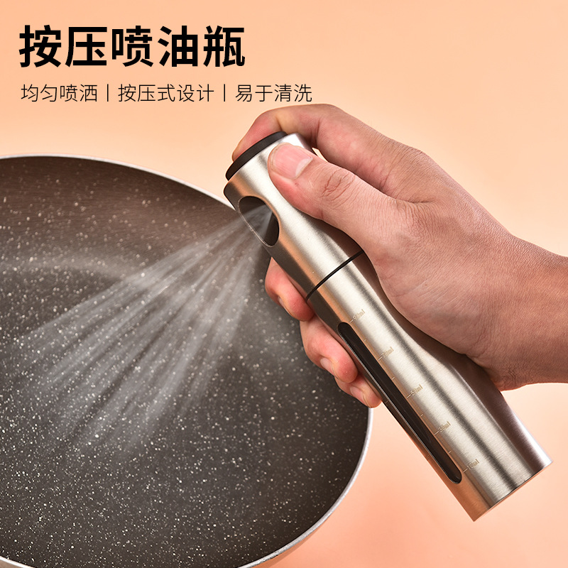 Botella de spray de aceite atomizado tipo empuje integrada de acero inoxidable para el hogar, botella de aceite de oliva, botella de spray de aceite para barbacoa de cocina, venta al por mayor
