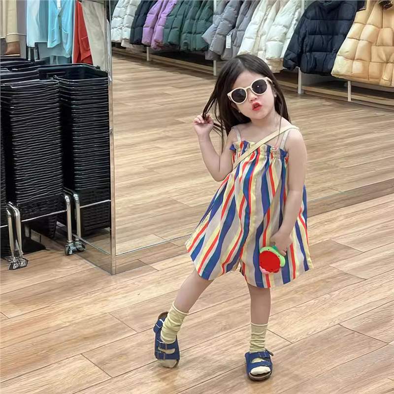 女宝宝宽松吊带裤2024夏季女童清凉舒适竖条纹吊带连体阔腿短裤