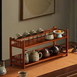 桌面博古架实木小型茶杯架子茶具收纳架紫砂壶置物架中式装饰摆件