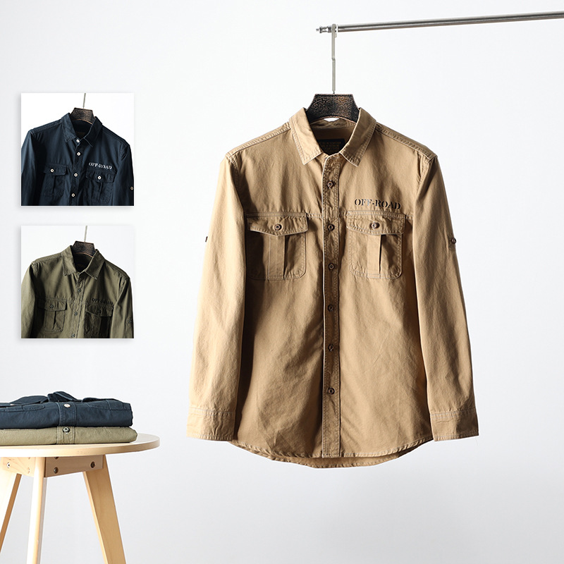 Primavera y verano estilo japonés de moda retro camisa de hombre herramientas sueltas casuales en la parte superior de la camisa de manga larga