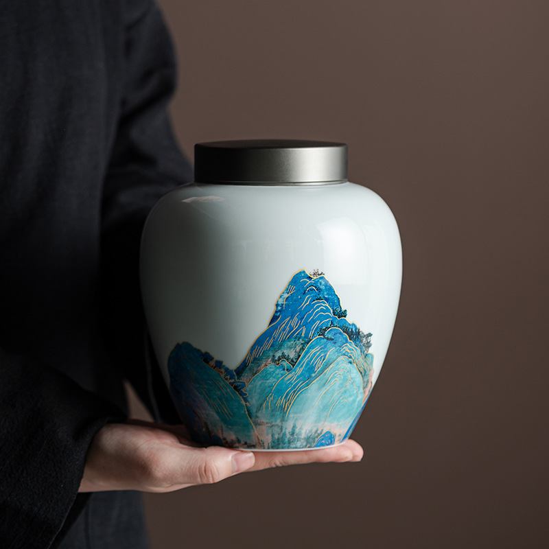 高档陶瓷防潮密封罐家用储物罐客厅摆件复古青花千里江山茶叶罐子