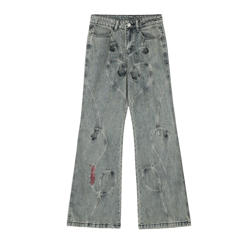 2026 Summer Curve Embroidered Wide-Leg Jeans for Men, American Retro Street Style, Distressed Ripped Flared Pants