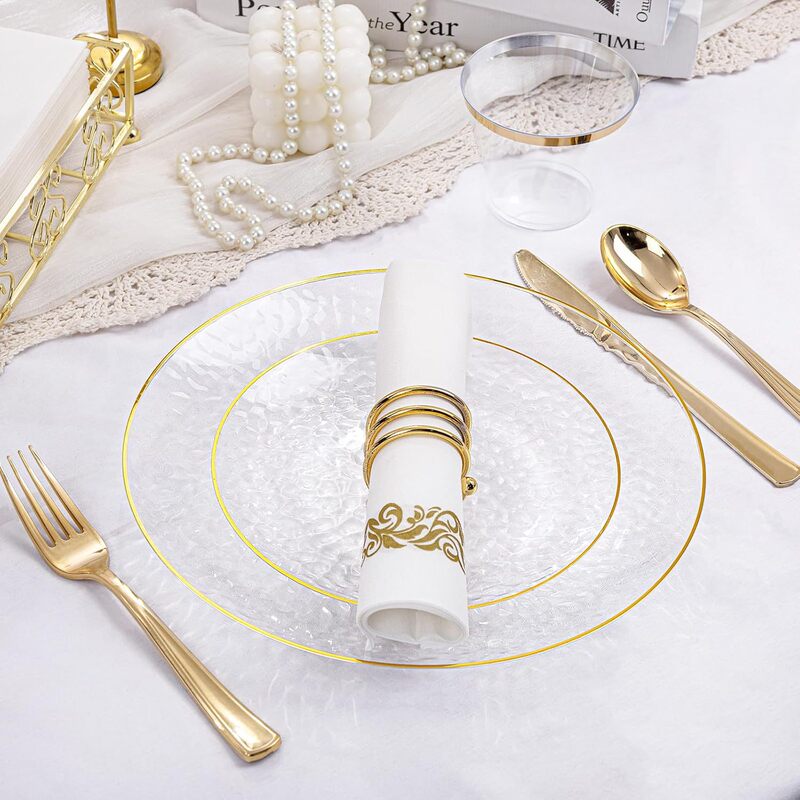 New Plastic Tableware Set 175 Pieces Transparent Gold Plastic Plates Thanksgiving Party Disposable Dessert Plates Cake