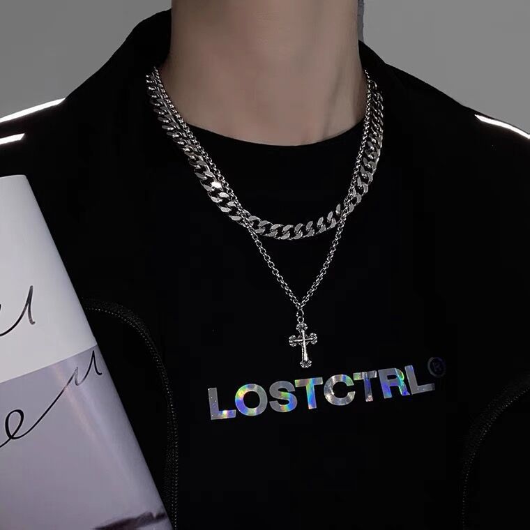 Titanium Steel Hip-Hop Cross Pendant Necklace For Men, Niche Design, Double Layer Stacked Cuban Necklace, Unique_voghion.com