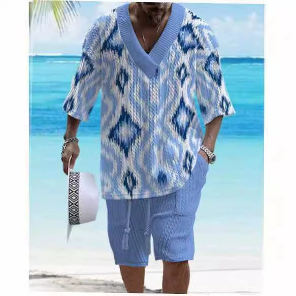 Трансграничный 3D с принтом жаккардовой набор мужской летней свободной футболки с короткими рукавами шорты с V-образным вырезом спортивный набор из двух частей мужской одежды