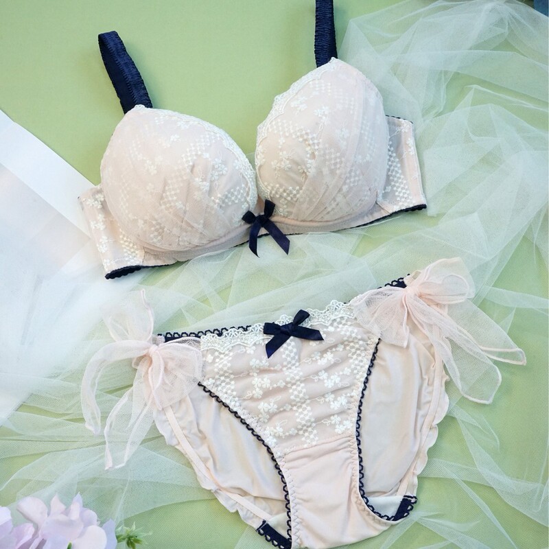 French-Style Lace Push-Up Bra with Bow Embroidery, Semi-Transparent Young Girl Bra, Matching Panties