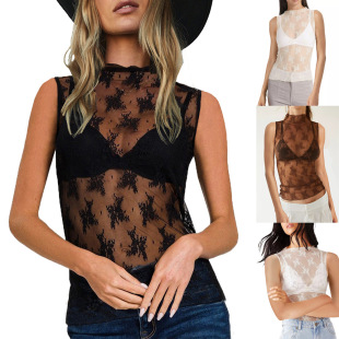 Amazon Women's See-through Lace Sleeveless Top Mesh Multicolor Base Shirt Sexy Spice Trendy T-Shirt 3888