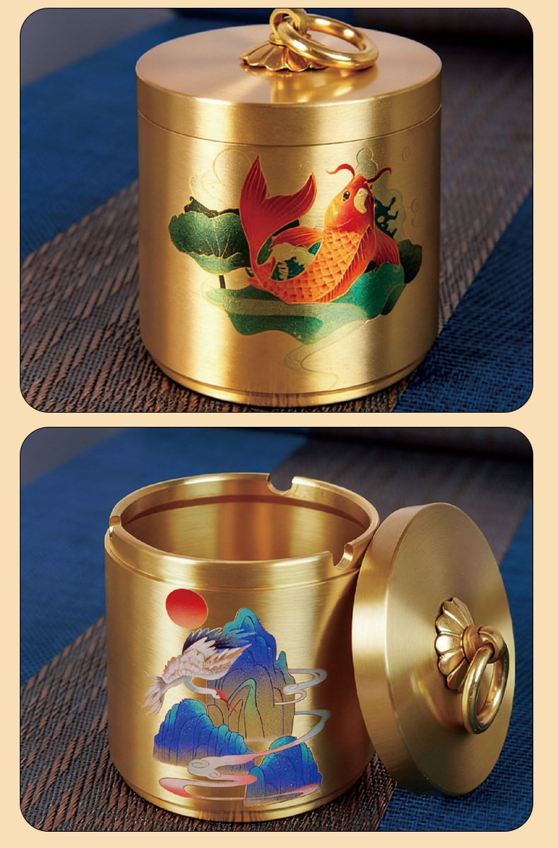 Creative Painted Ashtray for Home Use, Anti-Fall, with Lid, for Living Room Coffee Table, Personalized Office, Car Ashtray, All Copper