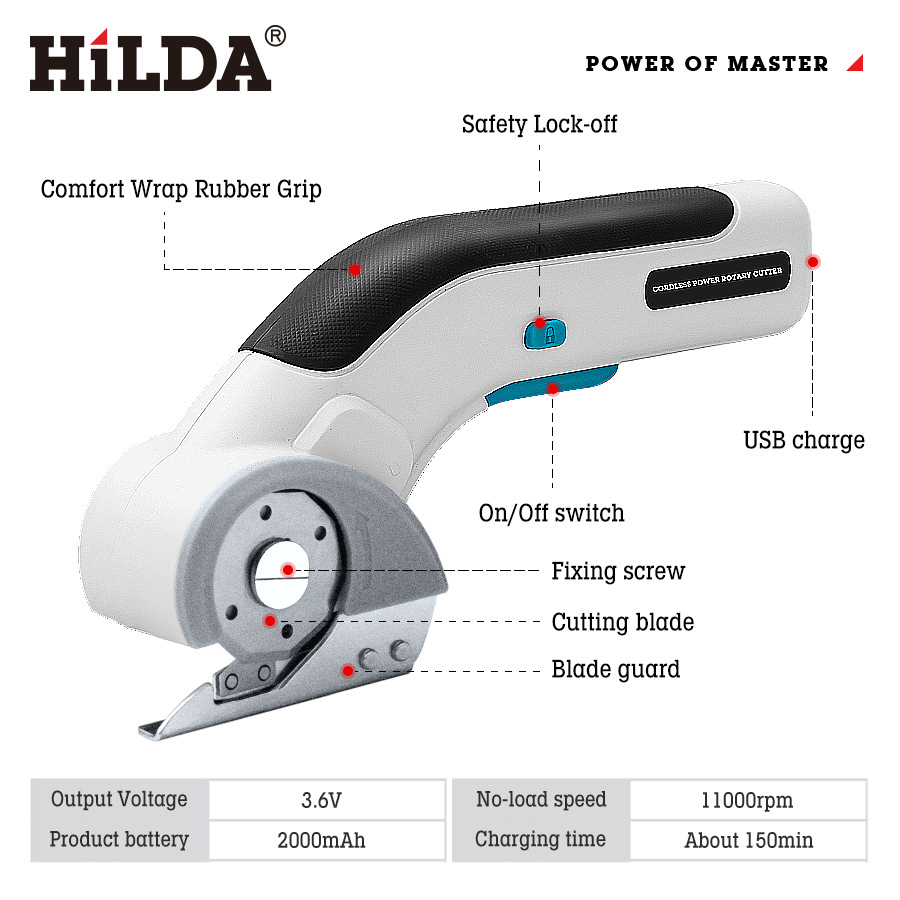 Tijeras eléctricas Hilda/HILDA, tijeras rápidas con batería de litio para cortar tela y cartón, cortadora rotativa eléctrica conveniente.