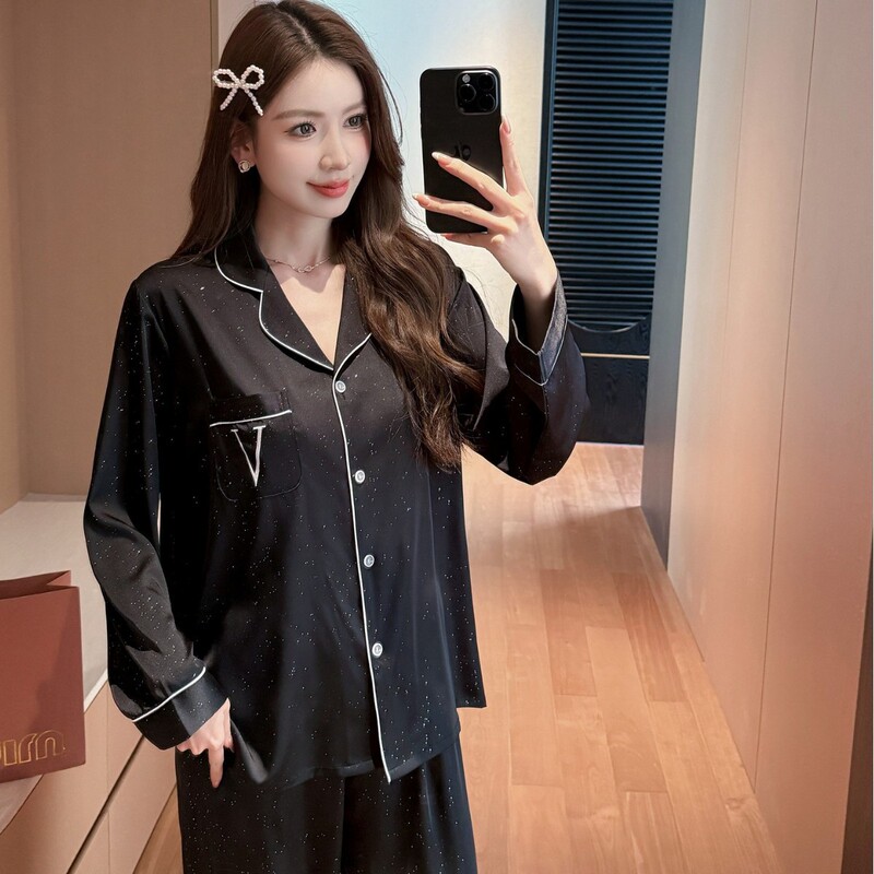 Sequin Spring and Autumn New Women's Ice Silk Thin Pajamas Long-Sleeve Long-Pants Set Soft High-End Loungewear Sequin Spring and Autumn New Women's Ice Silk Thin Pajamas Long-Sleeve Long-Pants Set Soft High-End Loungewear