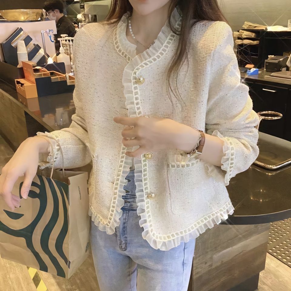 Celebrity Style Short Jacket for Women 2025 Spring and Autum Retro Mesh Splicing Tweed Top Trendy