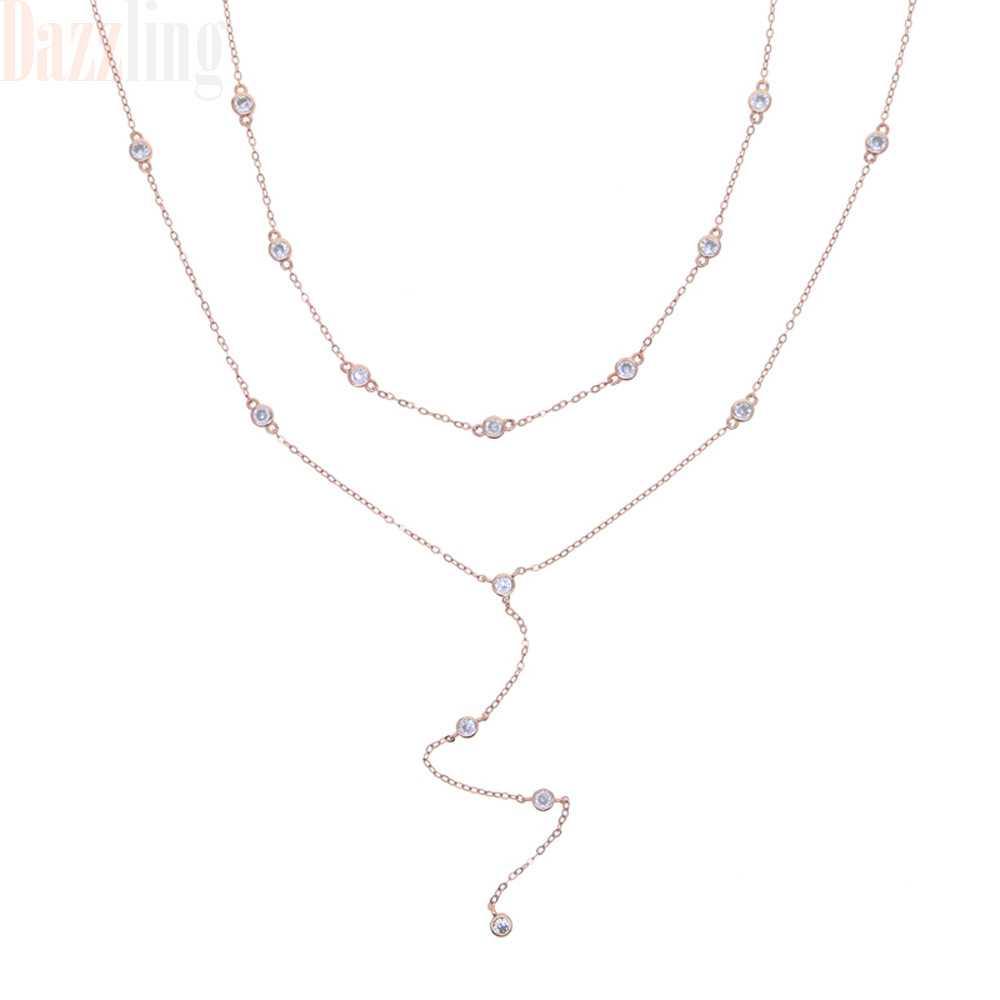Women's Style Round Zircon Double Chain Long Pendant Necklace Simple Versatile Clavicle Chain Jewelry_voghion.com
