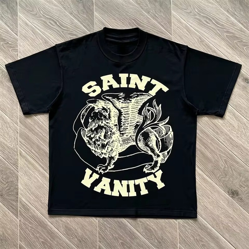 【Cross-border European size】Saint Vainletter logo T-shirt, high-quality cotton, loose fit, breathable, multi-color, crew neck