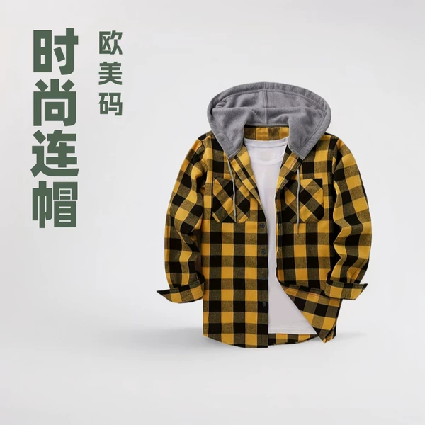 Amazon Explosions European and American Size Men's New York Fashion Trendy Hooded Plaid Sweatshirt Flannel Hoodie