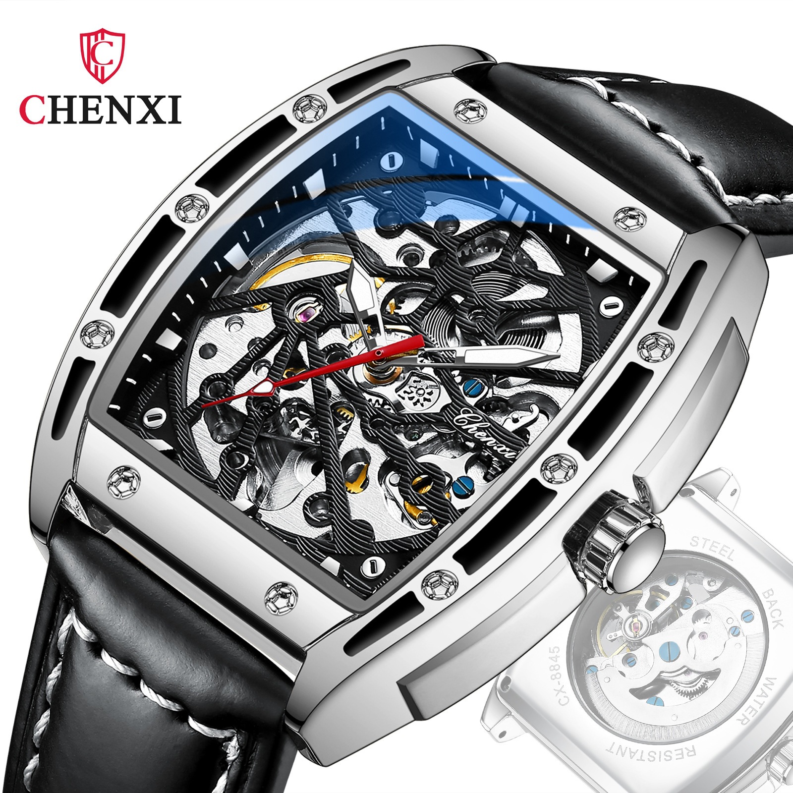 Chenxi vino en forma de barril Richard hueco de fondo transparente reloj mecánico automático correa de los hombres reloj mecánico deportivo