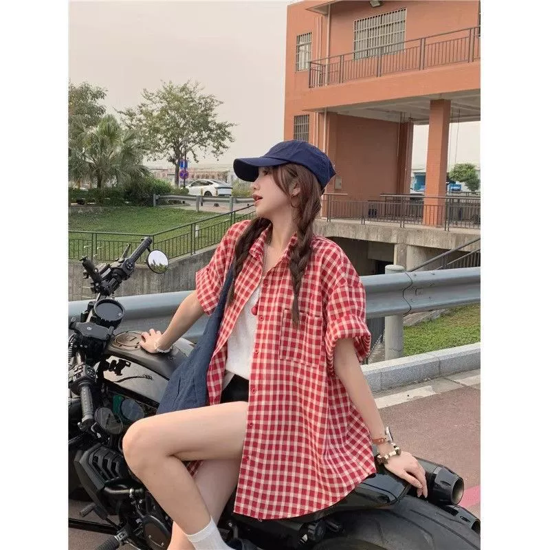 Американская ретро-красная клетчатая рубашка с короткими рукавами для женщин ранней весной, летний топ с защитой от солнца в ленивом стиле