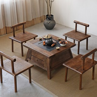 Old Elm Dining Table Chinese Hot Pot Table and Chair Combination Square Solid Wood Coffee Table B&B Zen Tea Table Dining Table