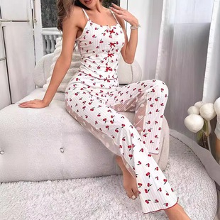 2024 New Home Printed Contrast Spliced Mesh Home Suit Front Split Sling Pajamas suit 7001