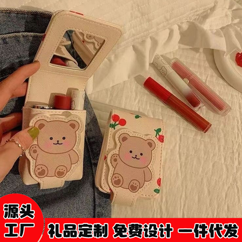 Pequeño oso lápiz labial bolsa con espejo MINI BOLSA chica portátil de viaje maquillaje bolsa de almacenamiento de maquillaje bolsa avanzada