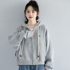 春秋季新款灰色连帽卫衣女冬加绒宽松拉链开衫外套休闲短款上衣潮