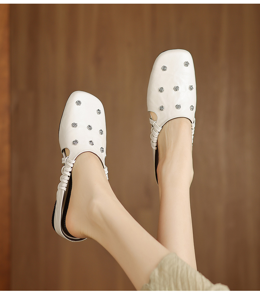 Dép sandal nữ quai chữ V mũi hoa, gót xuồng da dê, đế bệt thoải mái — đen chi tiết 8