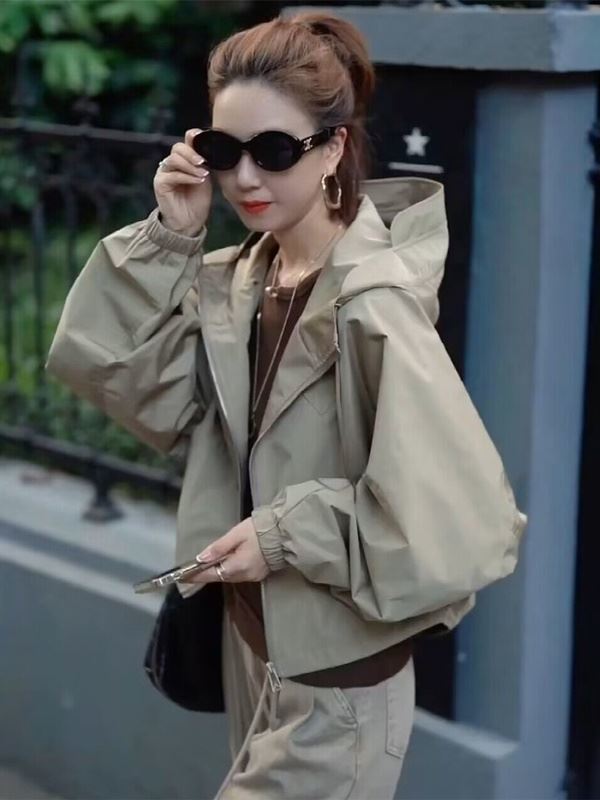 Shanli Dadi Hooded Short Jacket for Women, Spring and Autumn European Style Petite Sports Jacket, Windproof Outerwear Cardigan