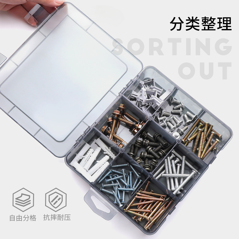 Caja de piezas de plástico transparente, caja de accesorios de tornillo pequeño, caja de almacenamiento