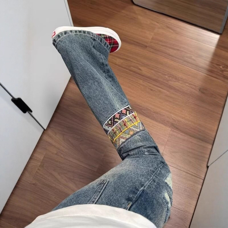 Ethnic Style Patchwork Denim Jeans for Men, American Retro Pants, Clean Fit, Drapey Straight-Leg Flared Pants, Trendy