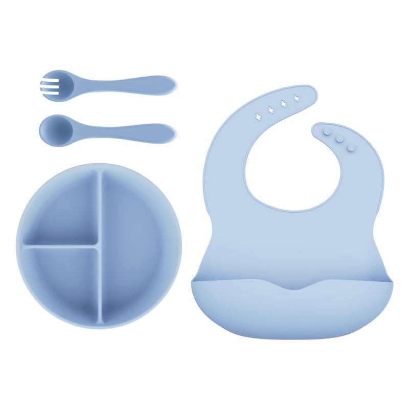 Alimentos de silicona set de cubiertos para niños cucharas blandas tenedor ventosa cuenco divisor de platos de comedor bib puede personalizar caja de regalo