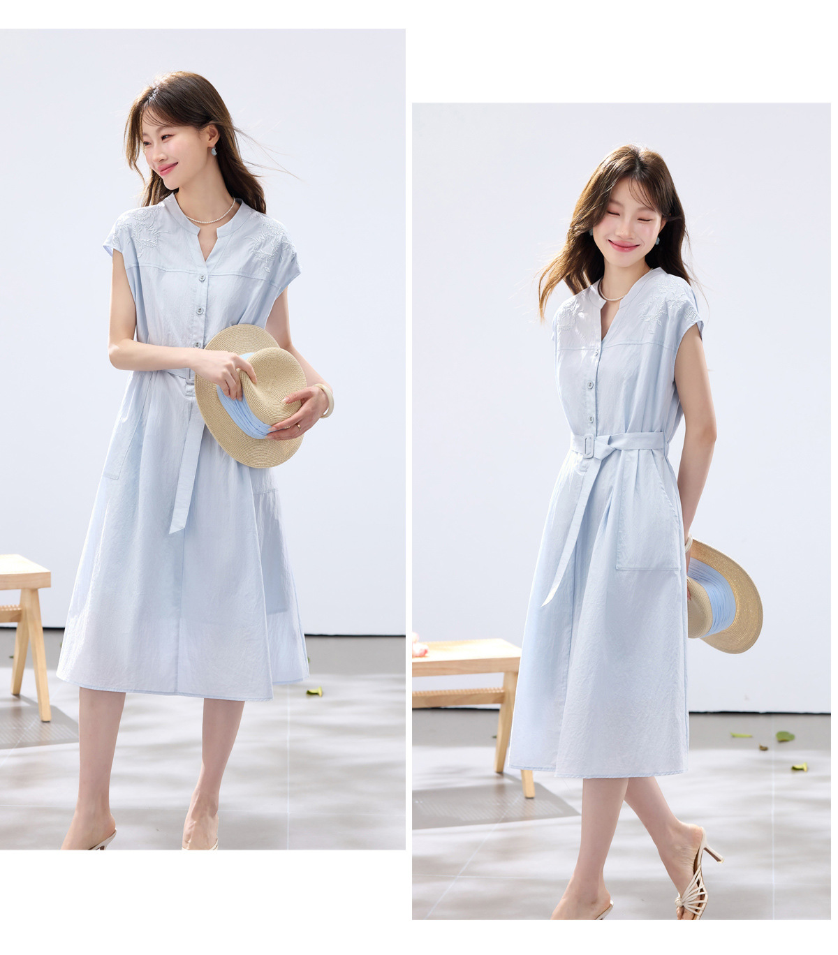 Đầm maxi nữ thắt eo cao, thiết kế quá gối, thêu hoa tinh tế phong cách trưởng thành — xanh lam, màu trắng chi tiết 22
