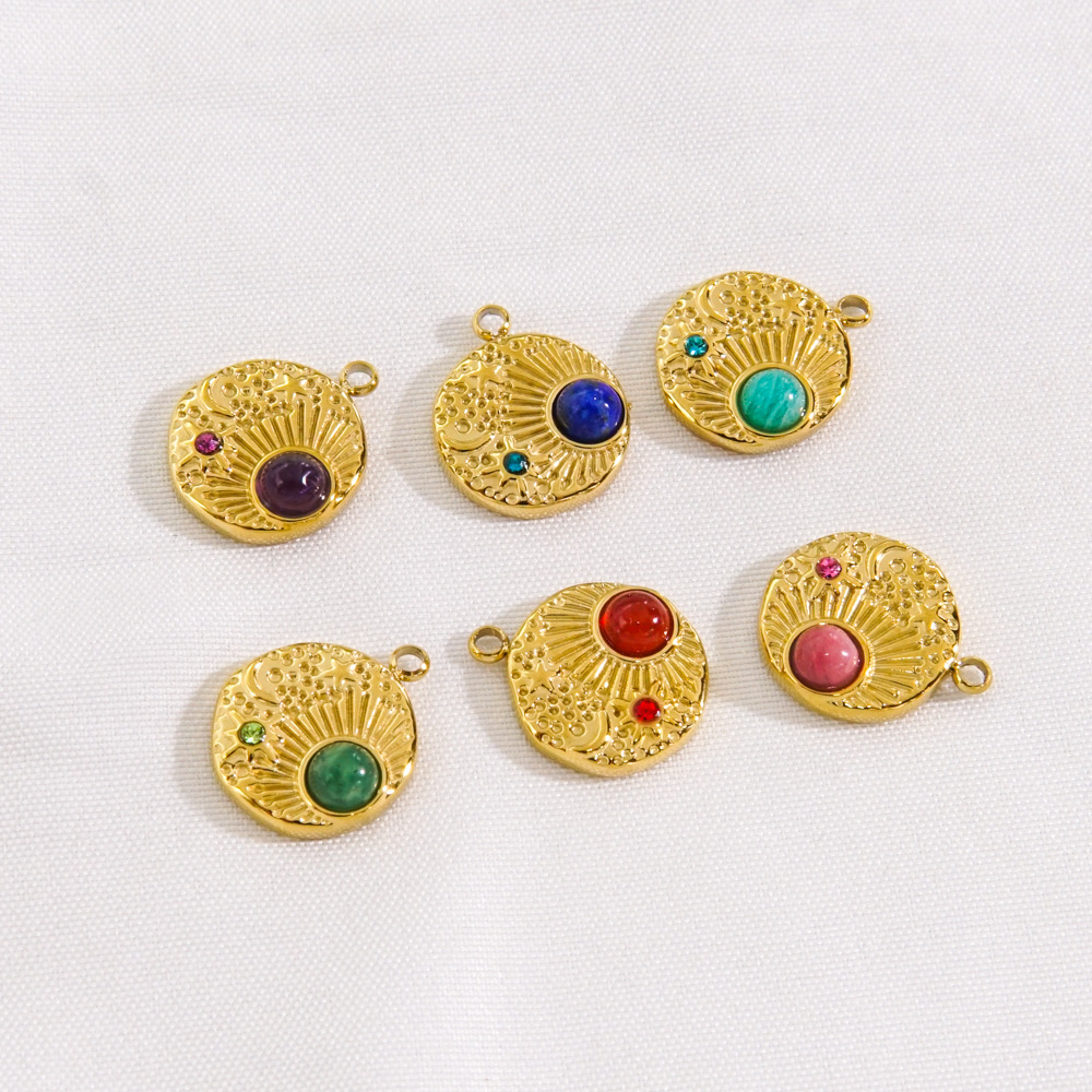 10 PCS/Package 304 Stainless Steel Natural Stone Zircon 14K Gold Plated Sun Star Beads display picture 3