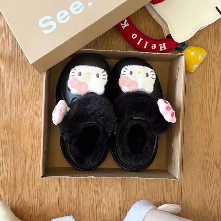 可爱凯蒂猫厚底毛毛鞋女2025秋冬新款少女心猫爪加绒保暖包头拖鞋|undefined