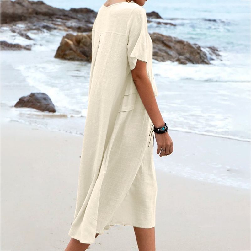Robe d'été décontractée pour femme, coupe ample, col rond, manches courtes, longueur mi-longue, en coton et lin, couleur unie_voghion.com