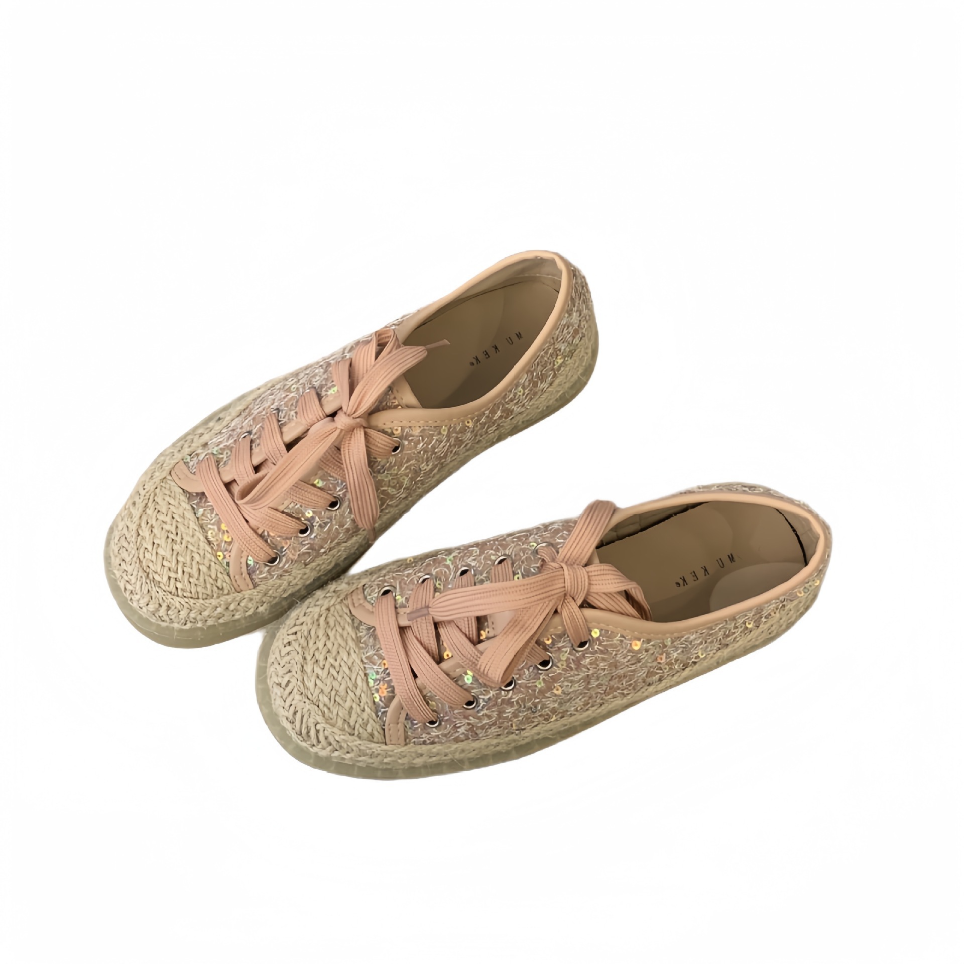 French-style High-end Straw-woven Thick-soled Lace-up Sequined Fisherman For Women, Slip-on Loafers, Fashionable Casual_vogvips.com