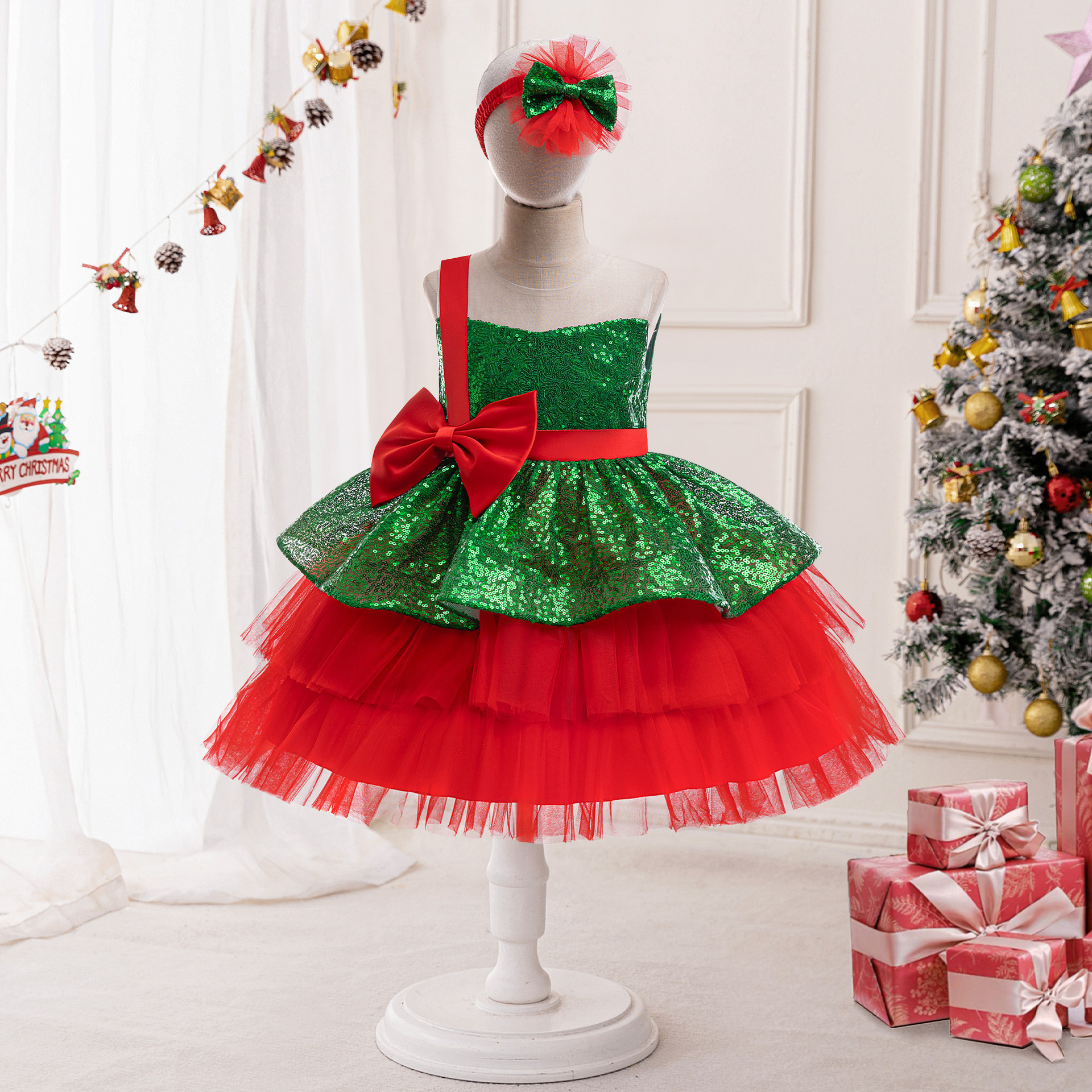 Europa y América ropa infantil de Navidad rojo verde vestido de princesa de malla de niños cosplay ropa de fiesta de Navidad