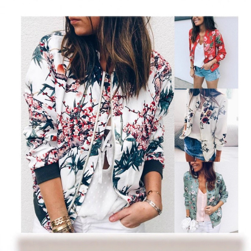 Wish New Autumn and Winter Fashion Printed Round Neck Zipper Long-Sleeved Jacket Women's Jacket Versatile Trendy Short Style in Stock