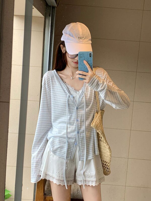 韓国ストライプレース薄いテンセル日焼け止めセーター女性のための 2025 夏の新しいルーズ V ネックトップカーディガン|undefined