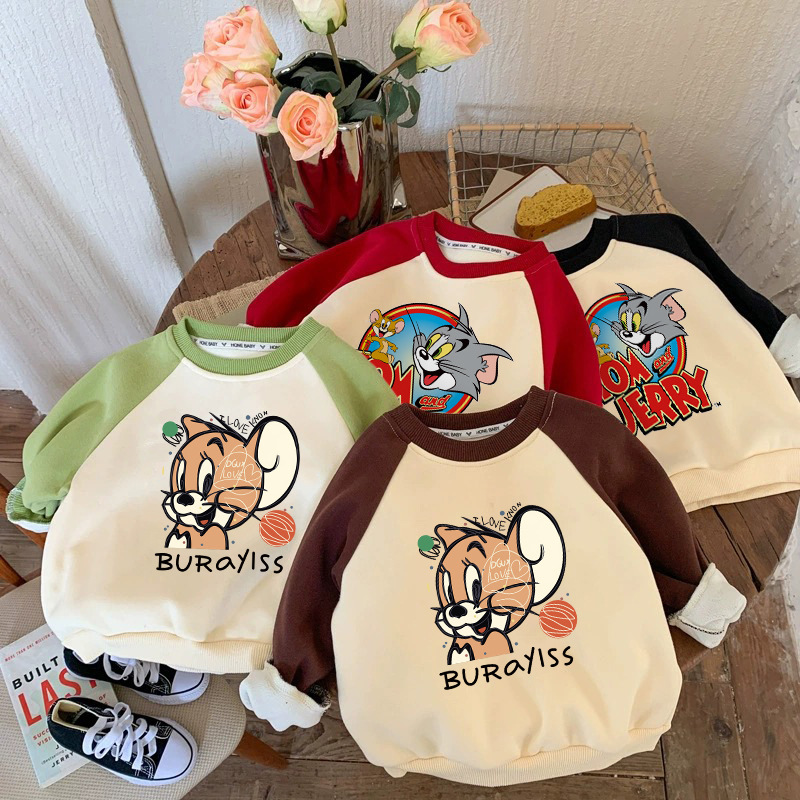 Fleece children's round neck sweatshirt autumn and winter 2025 cartoon Jerry mouse versatile cute boy and girl warm top shirt