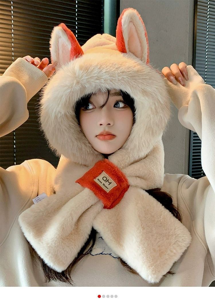 Plush hat in one, women's autumn and winter fox ears cute cycling warm ear protection with thick velvet scarf_voghion.com