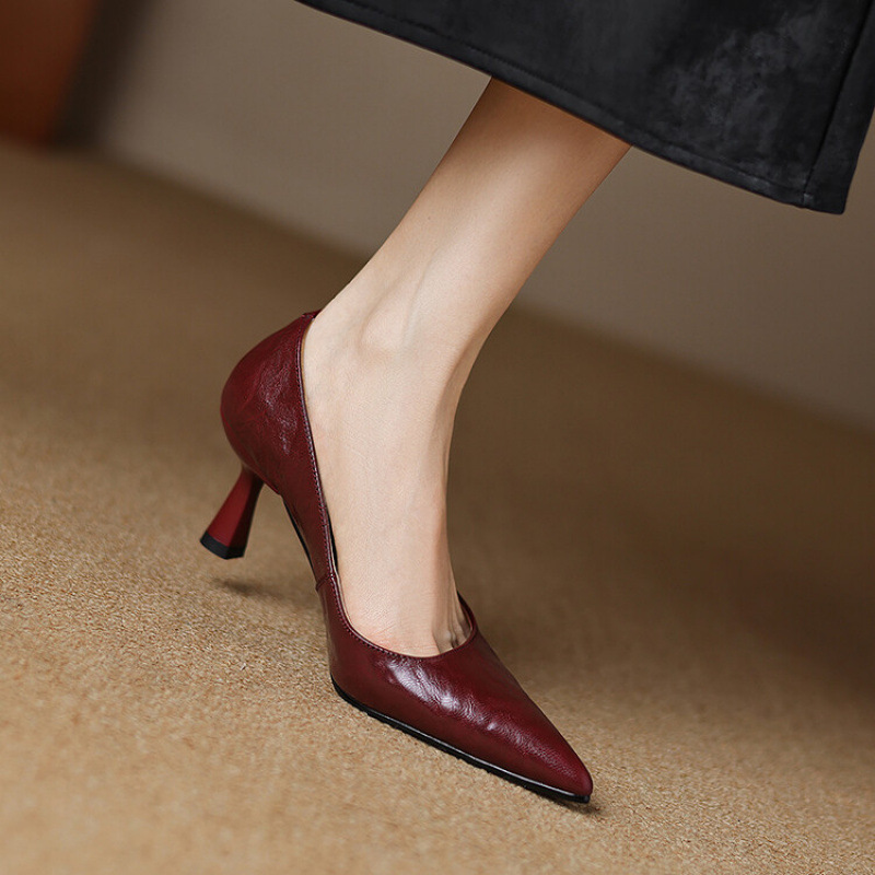 气质高跟鞋女2024新款法式黑色细跟尖头羊皮单鞋职业浅口女士女鞋