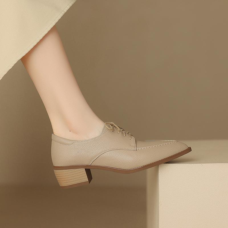 深口单鞋女粗跟新款大码英伦风中跟尖头系带小皮鞋杏色米白色
