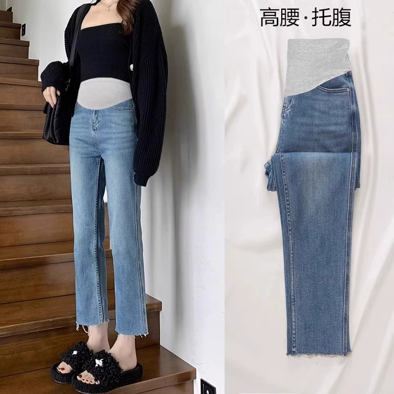 Pregnant Women's Jeans Spring Korean-style High Waist Abdominal Adjusting Narrow-edge Smoke Tube Pants Trendy Short Pregnant Women's Ankle-length Pants
