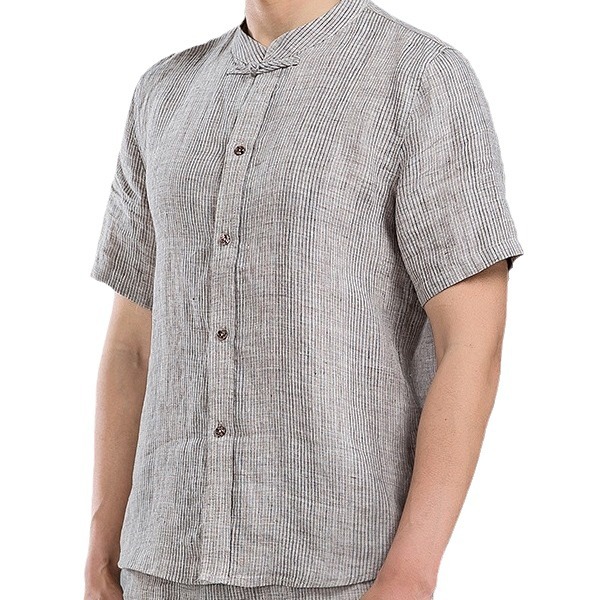 Chinese Tang suit French yarn-dyed pure linen summer short sleeve simple pinstripe a plate buckle national tide split men's shirt