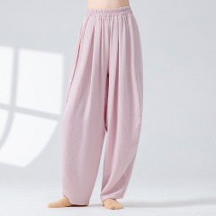 綿と麻の禅ピラティスヨガカフブルマー女性用リボン付きルーズモダンダンスパンツヨガエレガントエクササイズパンツ