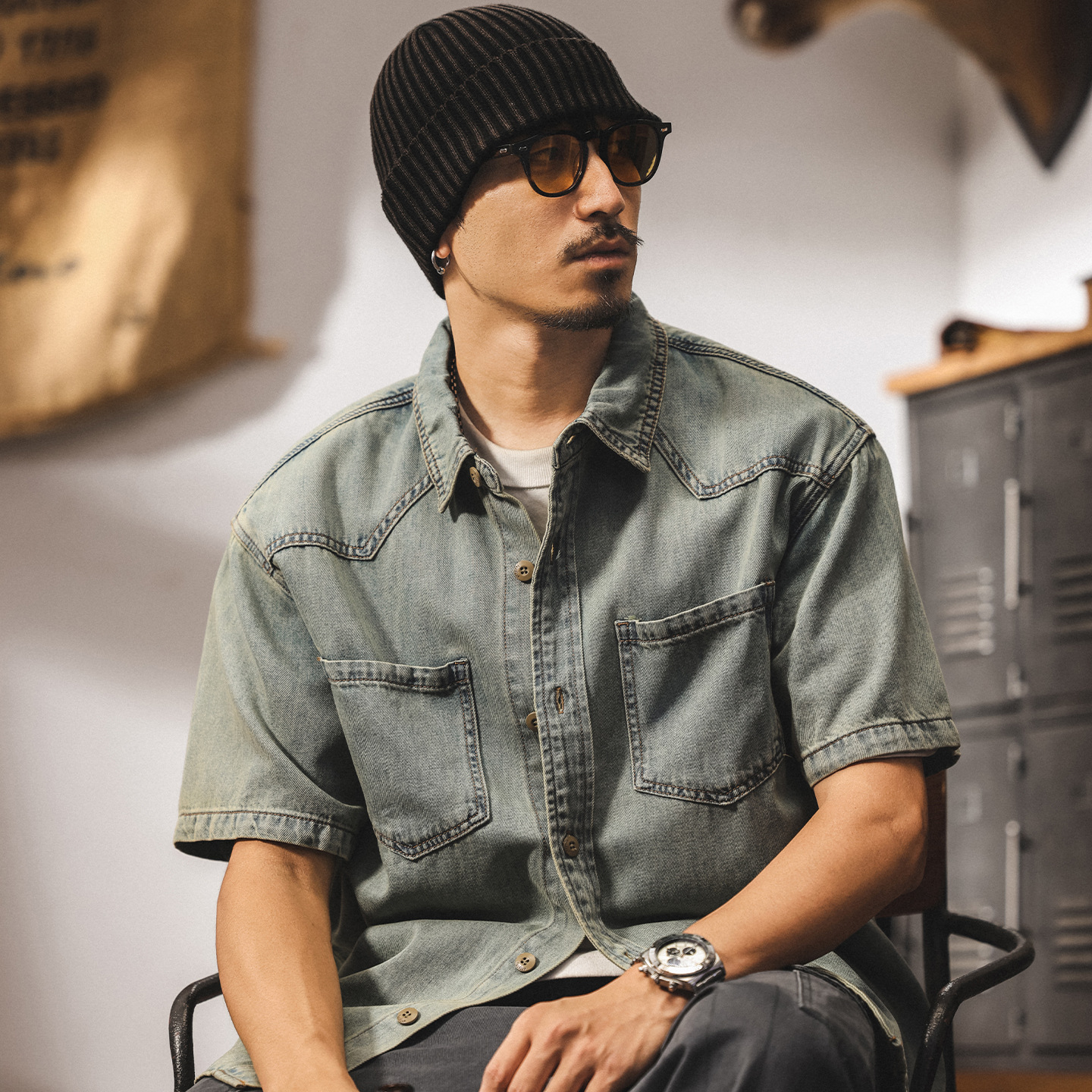 Lyocell Tencel Yellow Mud Blue Retro Denim Shirt Men's Summer New Loose Short-Sleeved Shirt Men's Thin Jacket