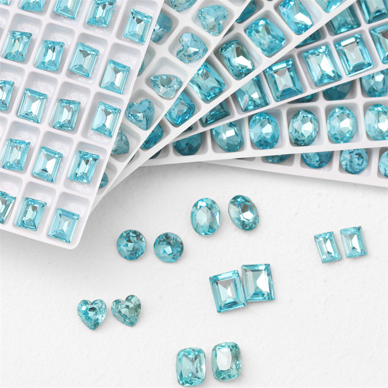 K9 cristal diamante arte de uñas luz mar azul puntiagudo fondo especial en forma de diamante oval torcido melocotón corazón ángulo recto grasa cuadrada joyería de uñas de vidrio